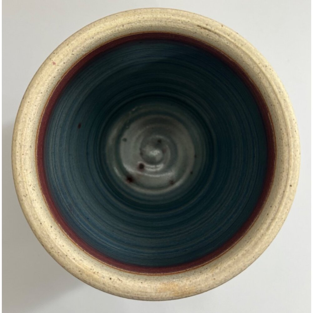 Handmade Pottery Vase Planter Abstract Glaze Blue & Burgundy Tones 7" Signed GT - Picture 5 of 9